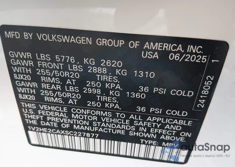 2025 Volkswagen Atlas Cross Sport 2.0T Se W/Technology z USA, uszkodzony, nr VIN 1V2HE2CAXSC227877